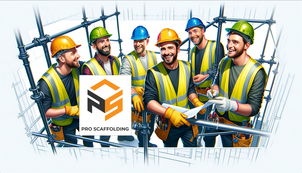 This photo is featuring happy scaffolders collaborating. They highlight the teamwork and community among the scaffolders, all depicted wearing safety gear and working on a scaffolding structure. The backgrounds are designed to be clean and minimalistic, focusing on the workers and their cooperative efforts.